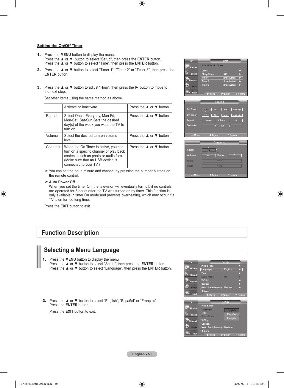 Function description, Selecting a menu language | Samsung LNT4069FX-XAA User Manual | Page 52 / 271