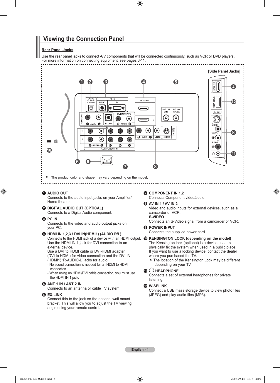 Viewing the connection panel | Samsung LNT4069FX-XAA User Manual | Page 6 / 271