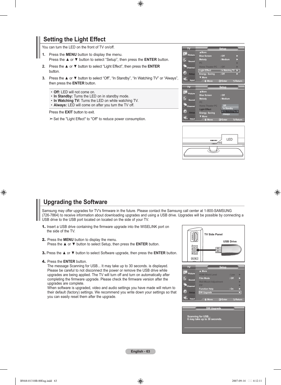 Setting the light effect, Upgrading the software | Samsung LNT4069FX-XAA User Manual | Page 65 / 271