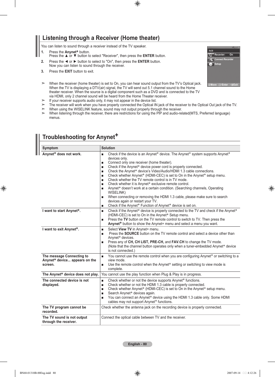 Listening through a receiver (home theater), Troubleshooting for anynet | Samsung LNT4069FX-XAA User Manual | Page 82 / 271