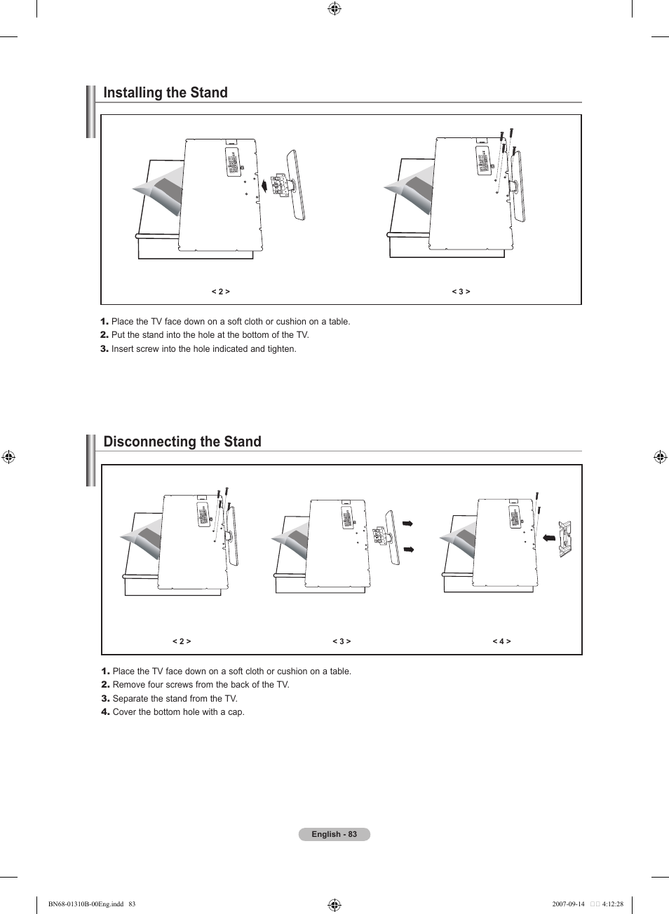 Installing the stand, Disconnecting the stand | Samsung LNT4069FX-XAA User Manual | Page 85 / 271