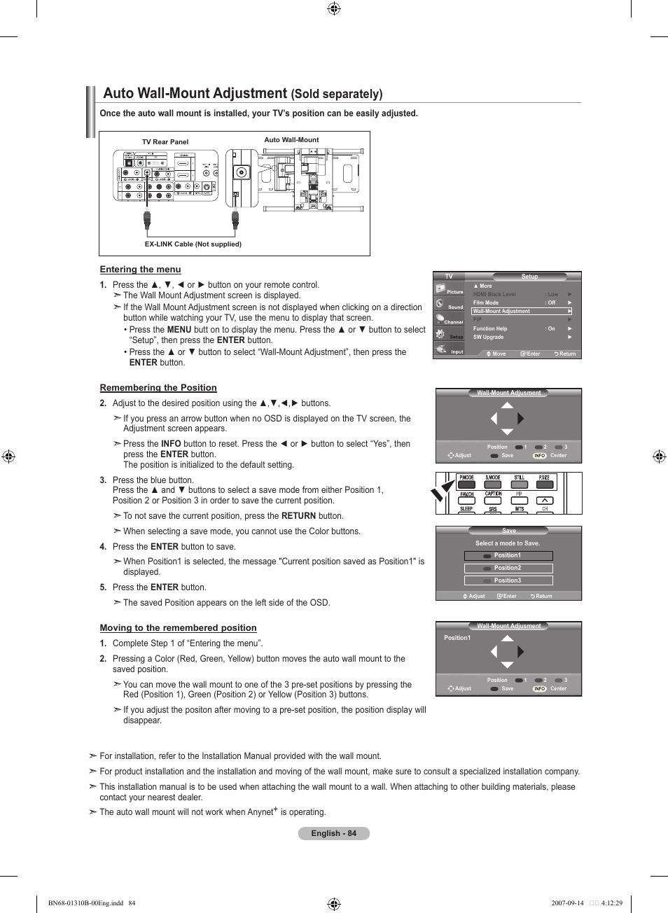 Auto wall-mount adjustment (sold separately), Auto wall-mount adjustment, Sold separately) | Samsung LNT4069FX-XAA User Manual | Page 86 / 271