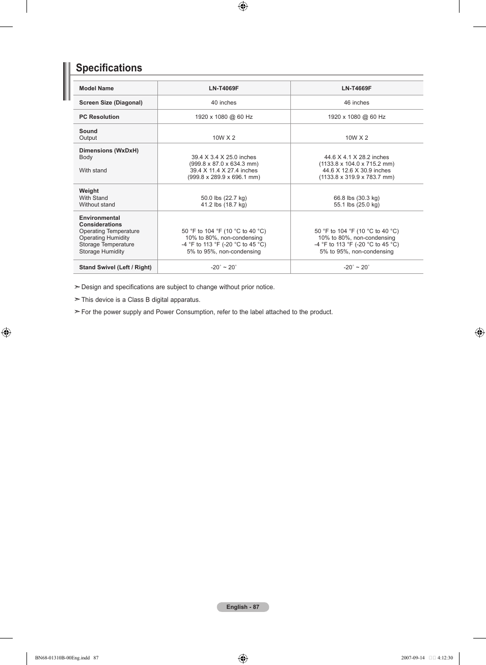 Specifications | Samsung LNT4069FX-XAA User Manual | Page 89 / 271