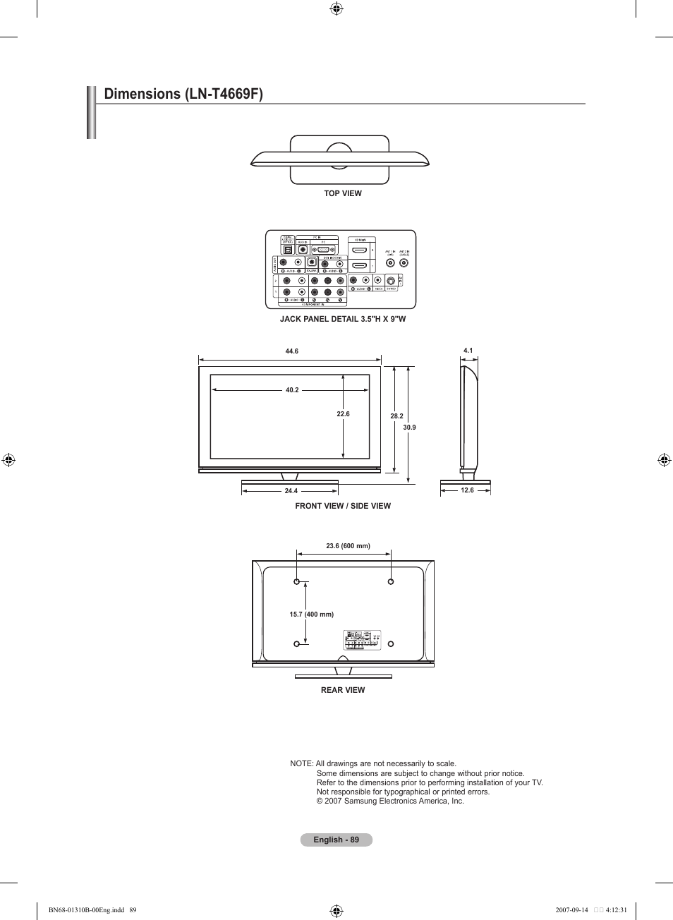 Dimensions (ln-t466f) | Samsung LNT4069FX-XAA User Manual | Page 91 / 271