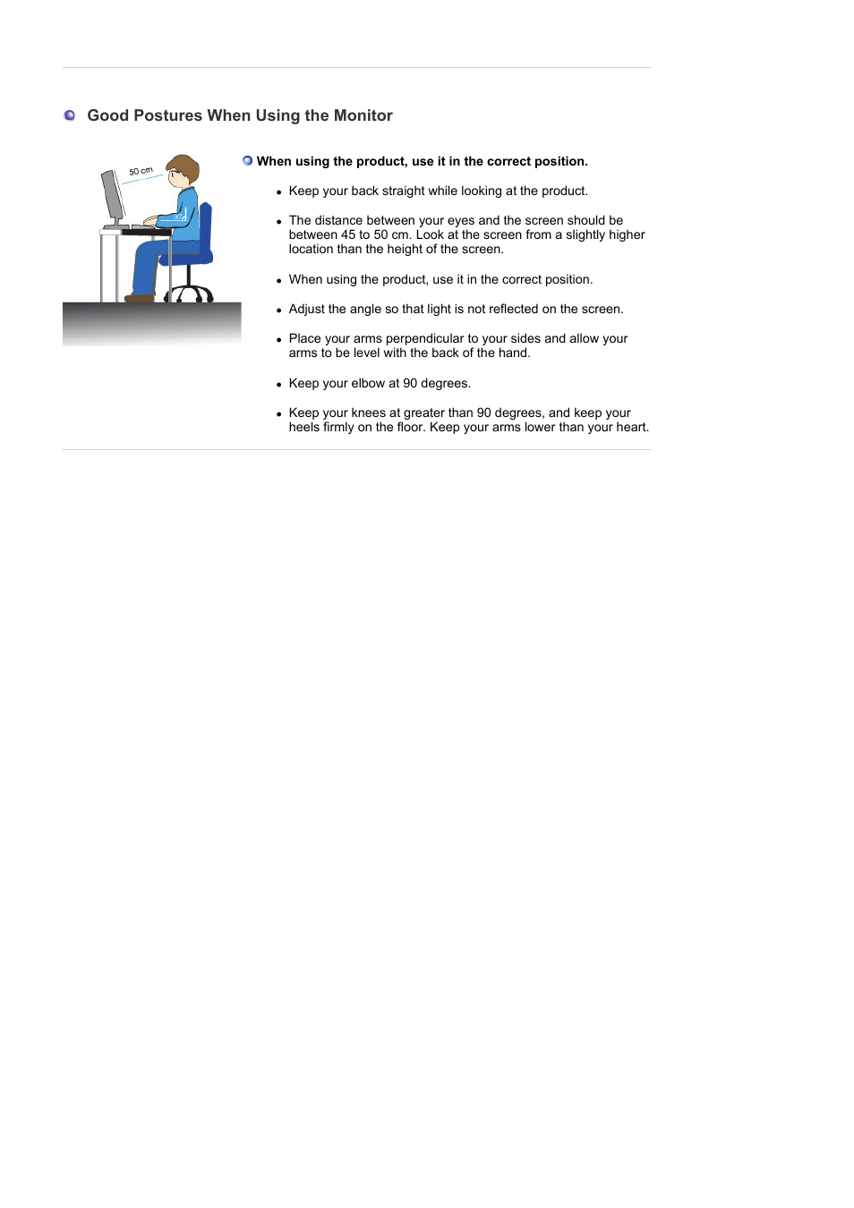 Good postures when using the monitor | Samsung LS17HAAKBUXAA User Manual | Page 10 / 48