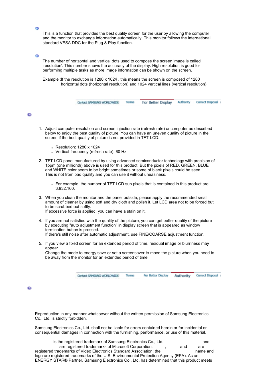 For better display, Authority, Image retention free | Samsung LS17HAAKBUXAA User Manual | Page 44 / 48