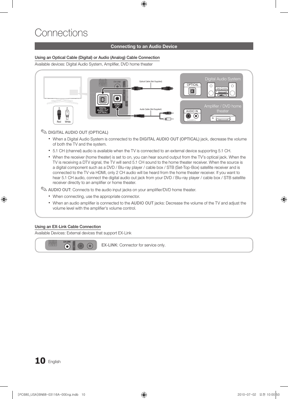 Connecting to an audio device, Connections | Samsung PN50C680G5FXZA User Manual | Page 10 / 56