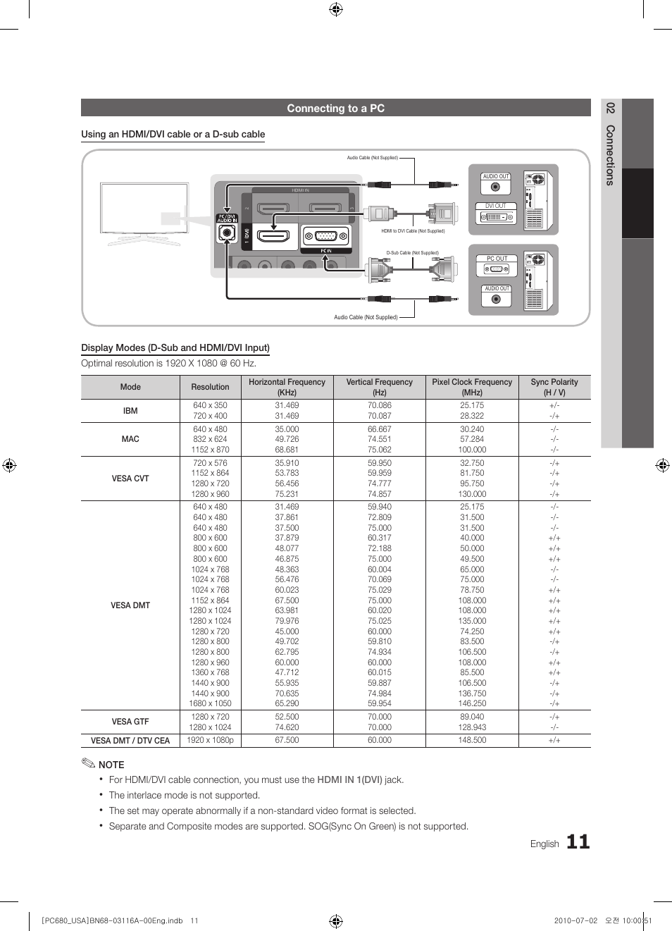 Connecting to a pc | Samsung PN50C680G5FXZA User Manual | Page 11 / 56