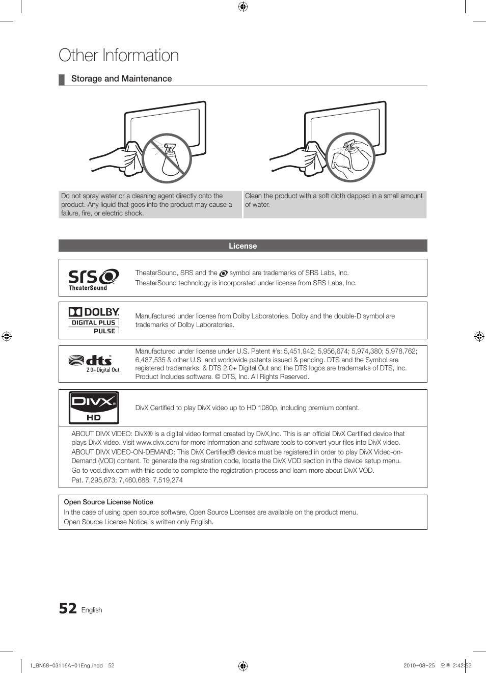 Other information | Samsung PN50C680G5FXZA User Manual | Page 52 / 56