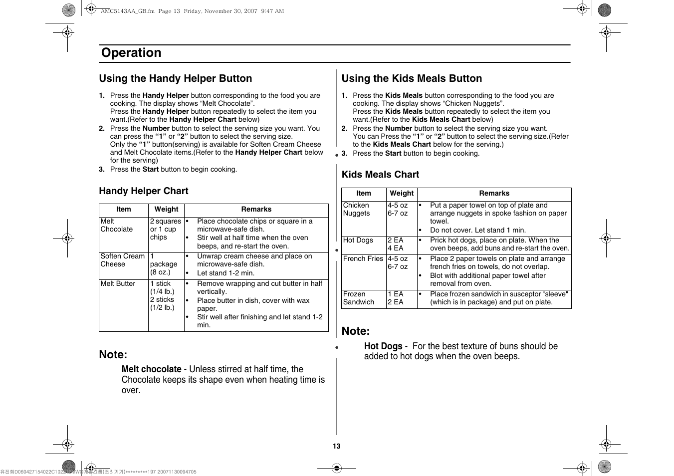 Operation, Using the handy helper button, Using the kids meals button | Amana AMC5143BCW User Manual | Page 13 / 104