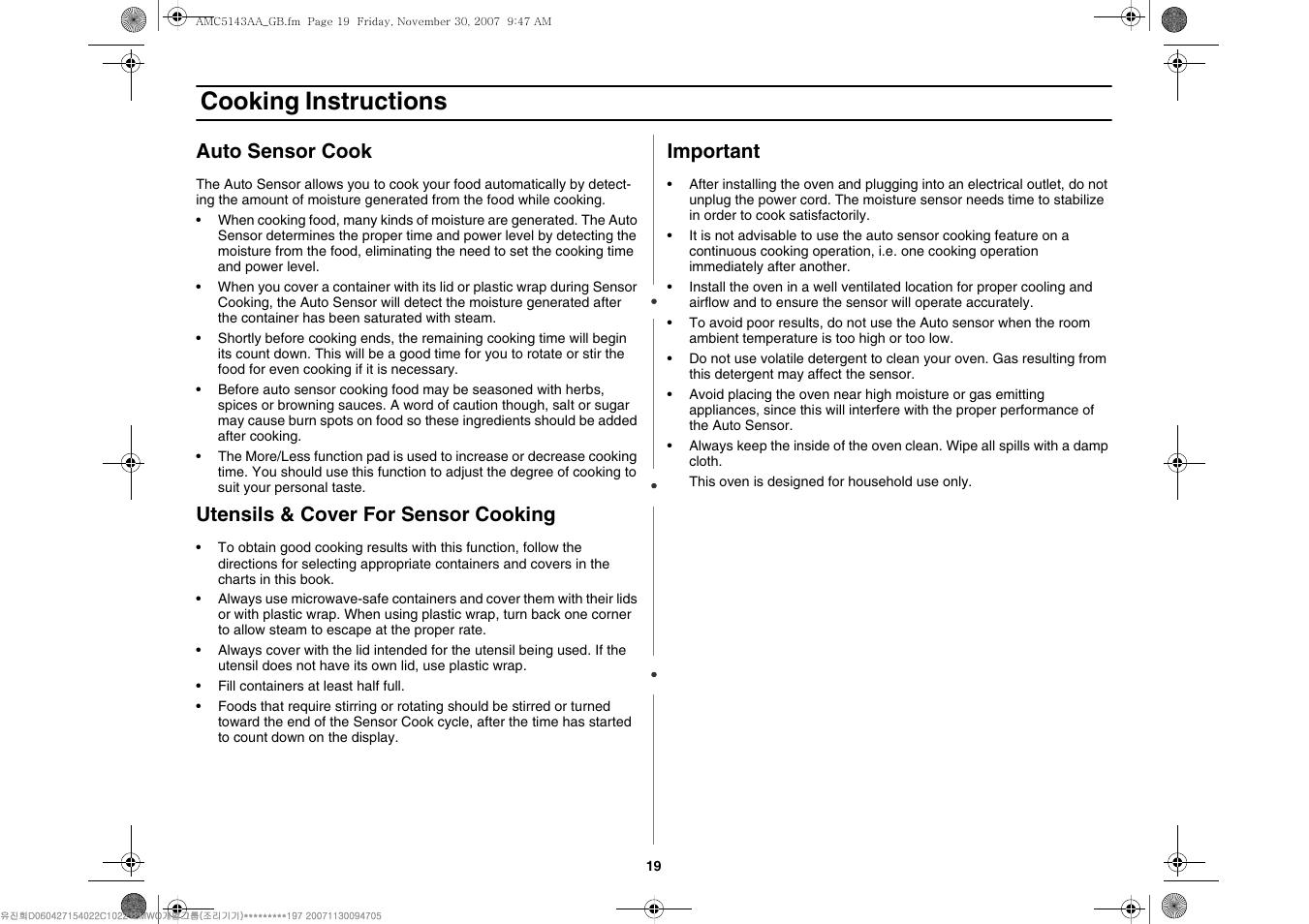 Cooking instructions, Auto sensor cook, Utensils & cover for sensor cooking | Important | Amana AMC5143BCW User Manual | Page 19 / 104