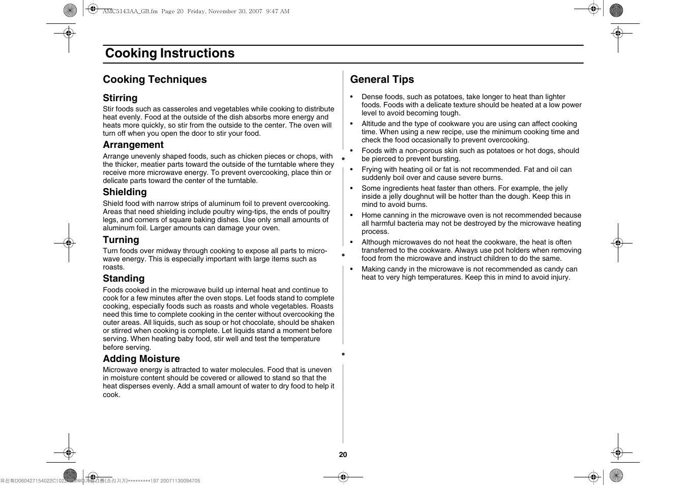 Cooking instructions | Amana AMC5143BCW User Manual | Page 20 / 104