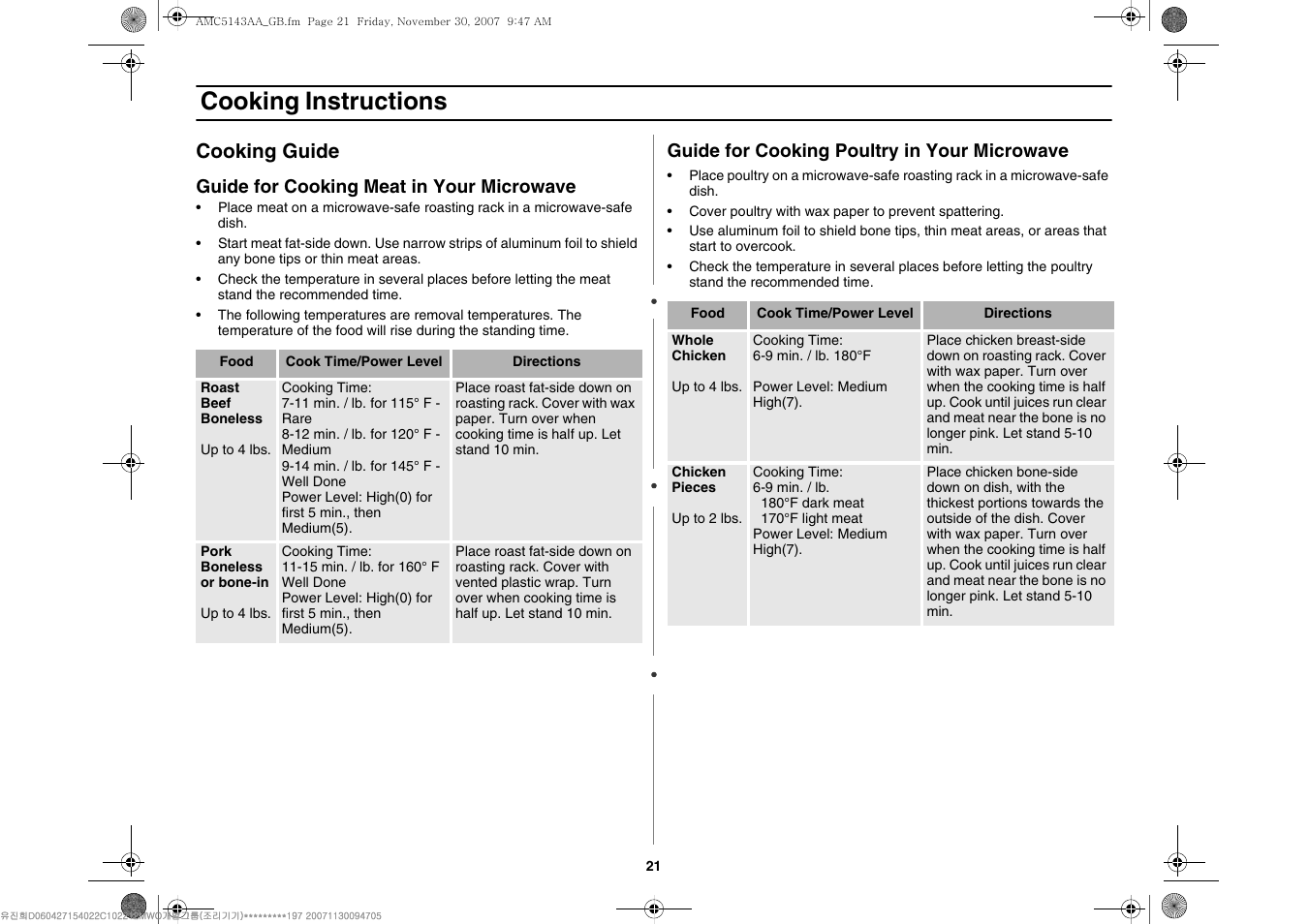 Cooking instructions, Cooking guide | Amana AMC5143BCW User Manual | Page 21 / 104