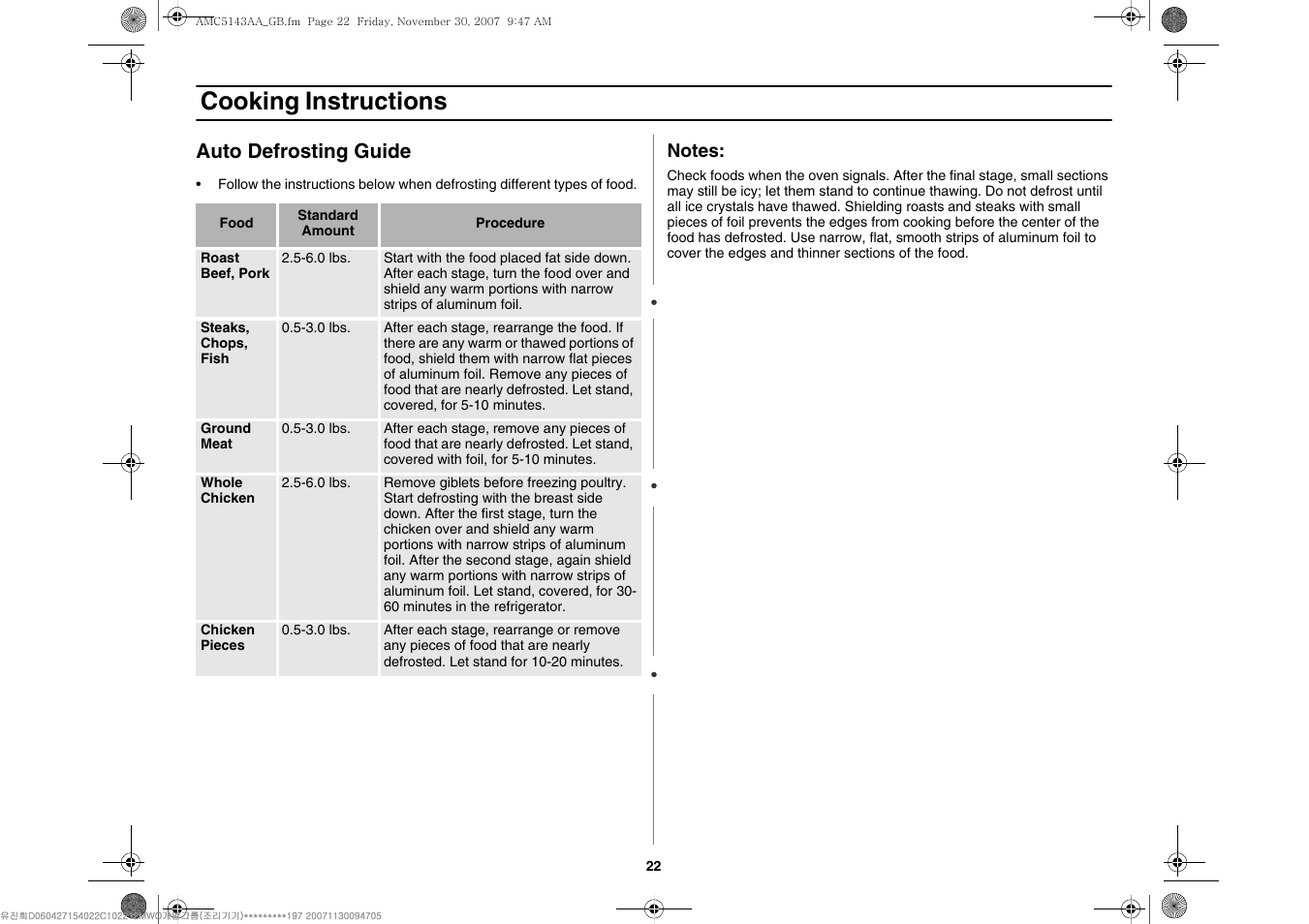 Cooking instructions, Auto defrosting guide | Amana AMC5143BCW User Manual | Page 22 / 104