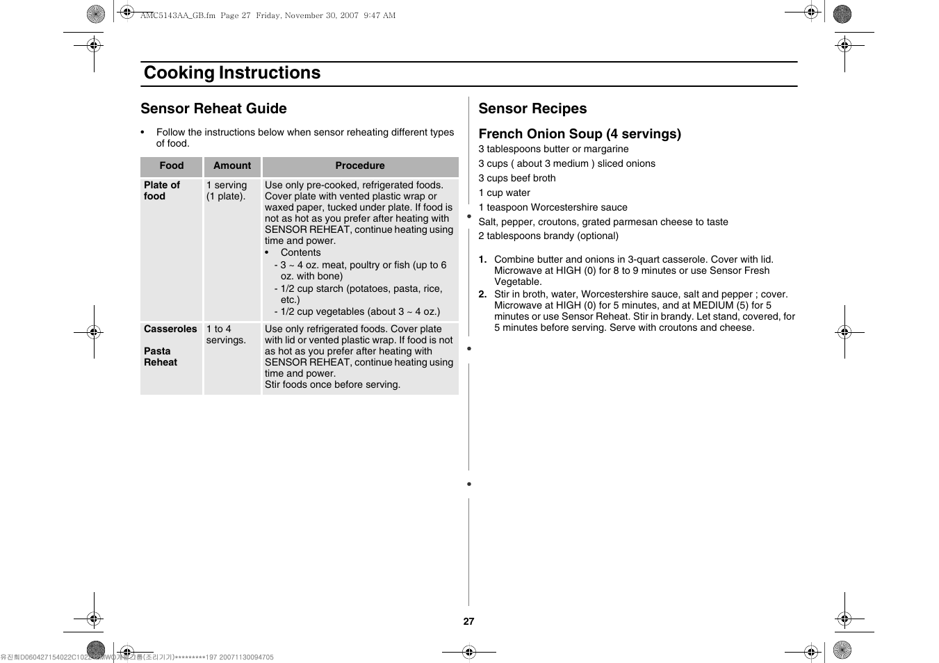 Cooking instructions, Sensor reheat guide, Sensor recipes | Amana AMC5143BCW User Manual | Page 27 / 104