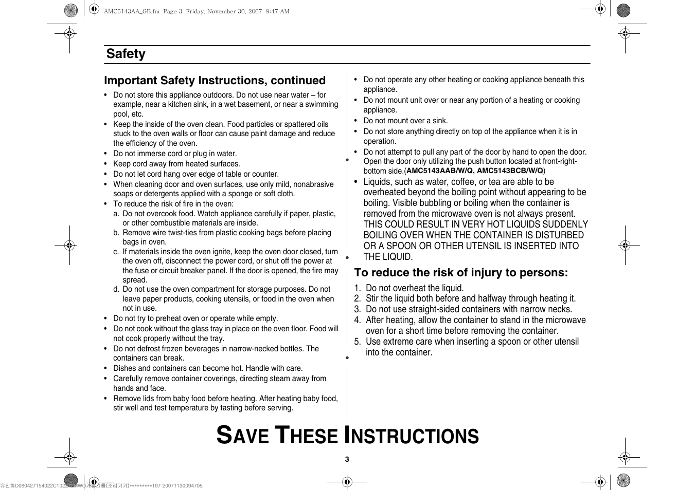 Hese, Nstructions, Safety | Amana AMC5143BCW User Manual | Page 3 / 104