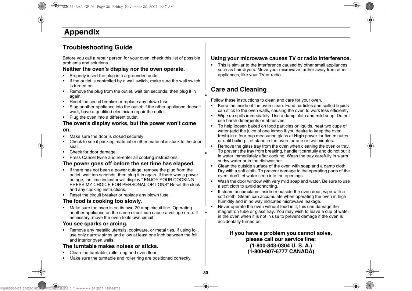 Appendix, Troubleshooting guide, Care and cleaning | Amana AMC5143BCW User Manual | Page 30 / 104