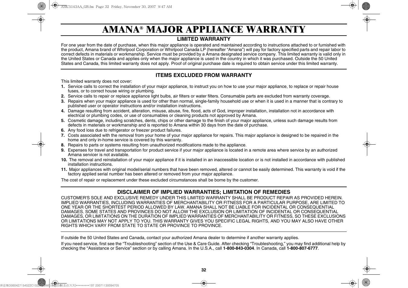 Amana, Major appliance warranty | Amana AMC5143BCW User Manual | Page 32 / 104
