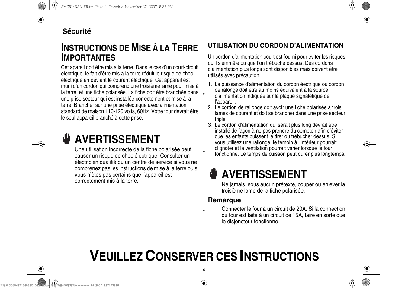 Euillez, Onserver ces, Nstructions | Avertissement | Amana AMC5143BCW User Manual | Page 38 / 104