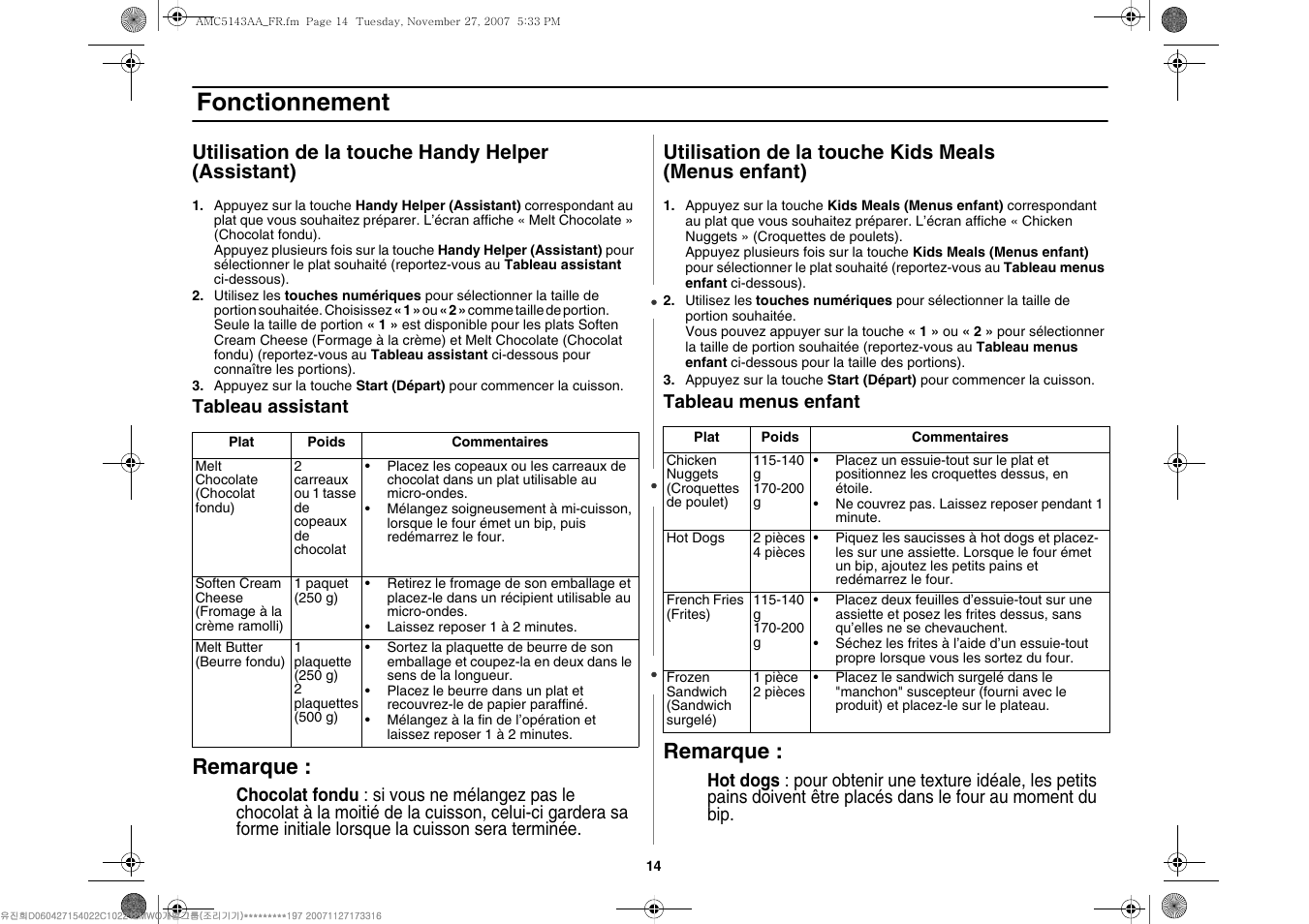 Fonctionnement, Remarque | Amana AMC5143BCW User Manual | Page 48 / 104