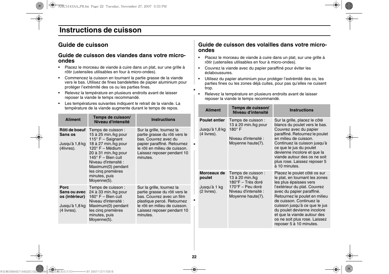 Instructions de cuisson, Guide de cuisson | Amana AMC5143BCW User Manual | Page 56 / 104