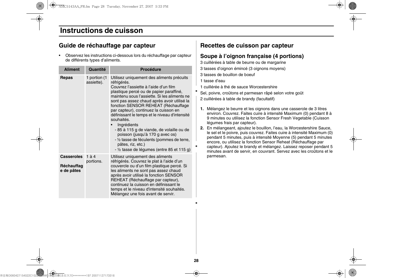 Instructions de cuisson, Guide de réchauffage par capteur, Recettes de cuisson par capteur | Amana AMC5143BCW User Manual | Page 62 / 104