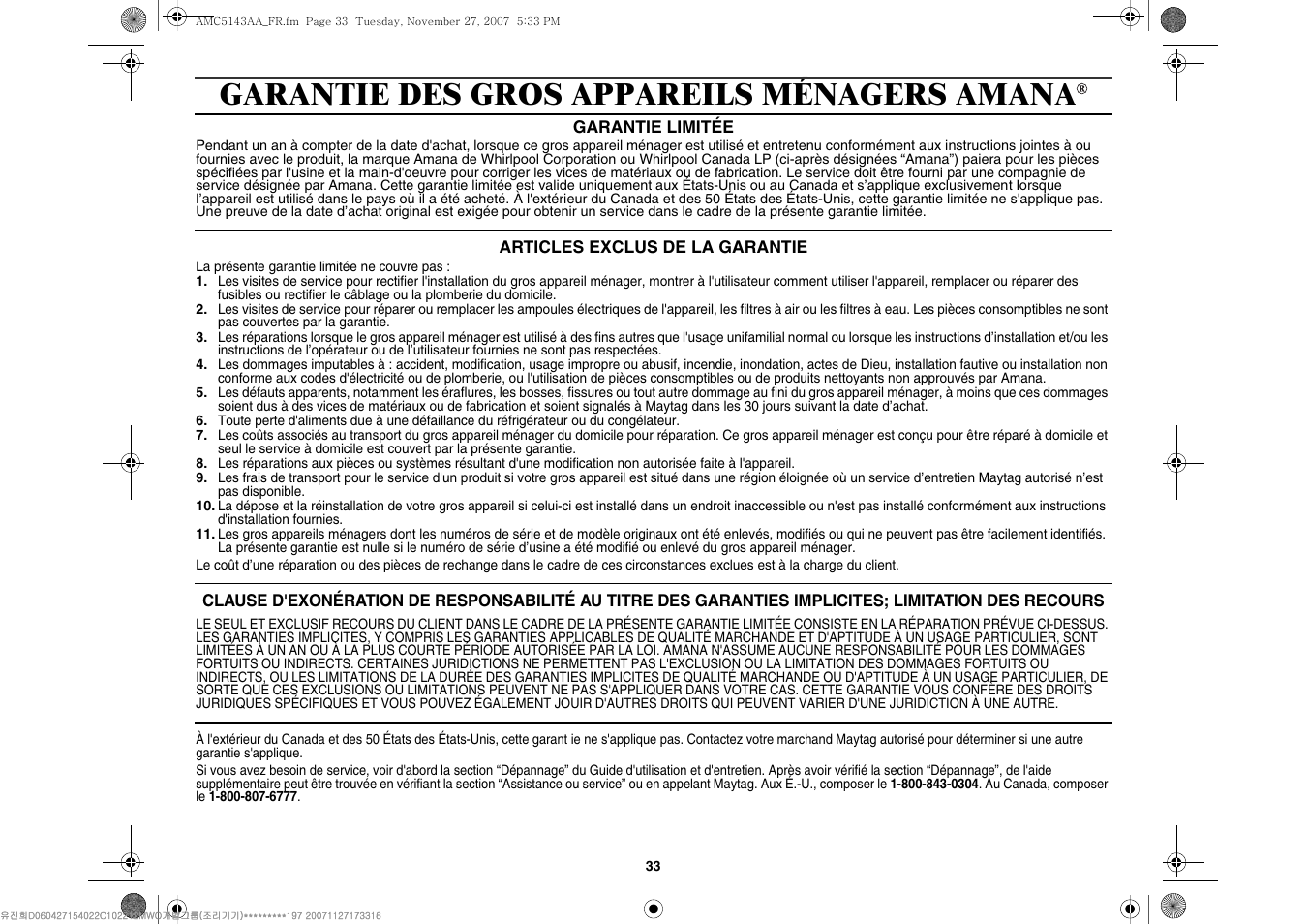Garantie des gros appareils ménagers amana | Amana AMC5143BCW User Manual | Page 67 / 104