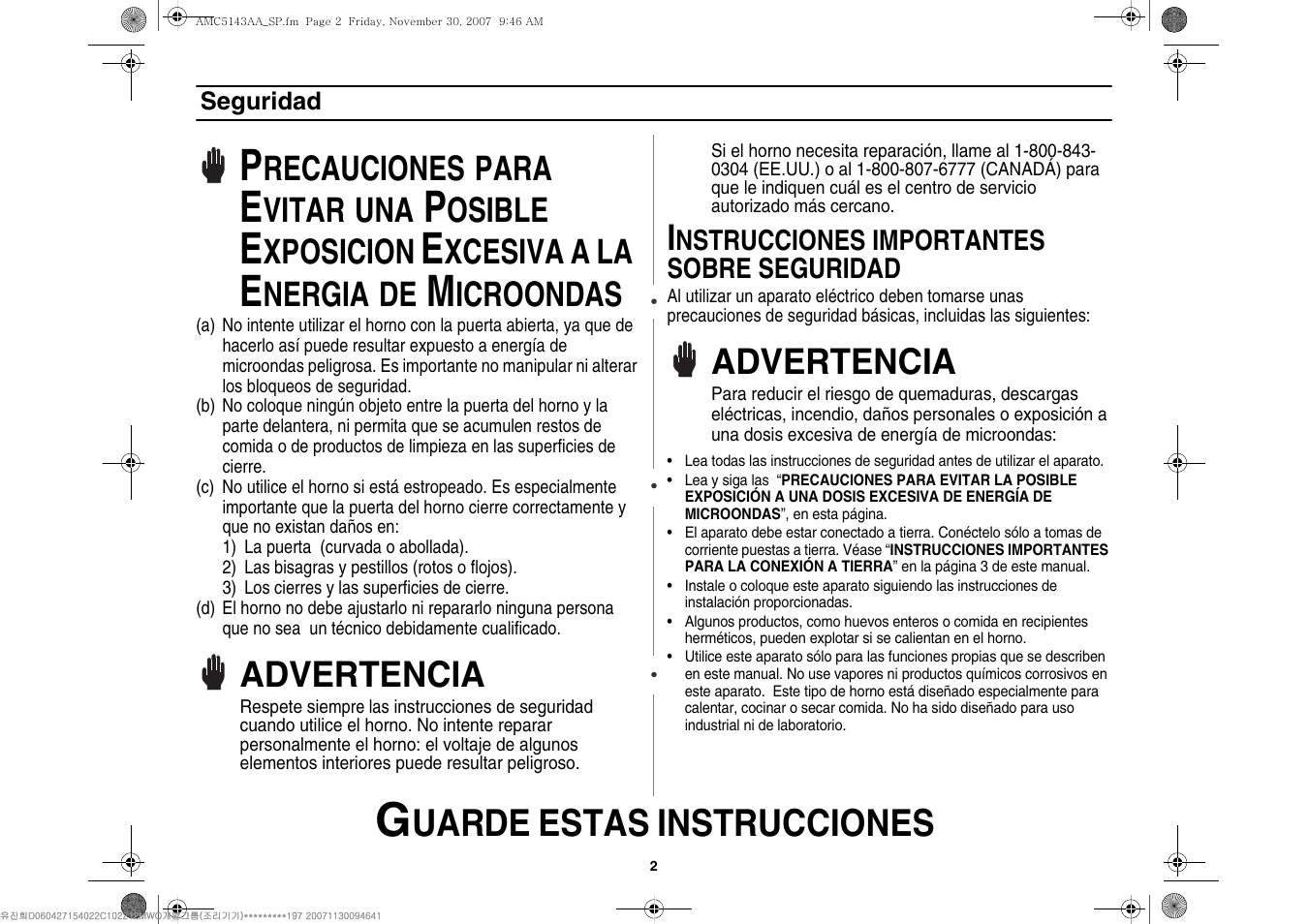 Uarde estas instrucciones, Advertencia, Recauciones | Para, Vitar, Osible, Xposicion, Xcesiva a la, Nergia, Icroondas | Amana AMC5143BCW User Manual | Page 72 / 104