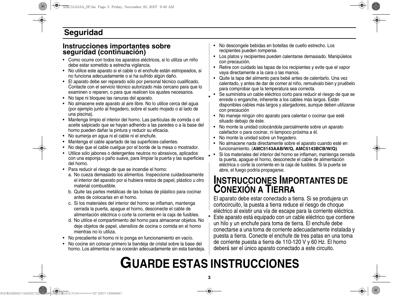 Uarde estas instrucciones, Nstrucciones, Mportantes de | Onexión a, Ierra, Seguridad | Amana AMC5143BCW User Manual | Page 73 / 104