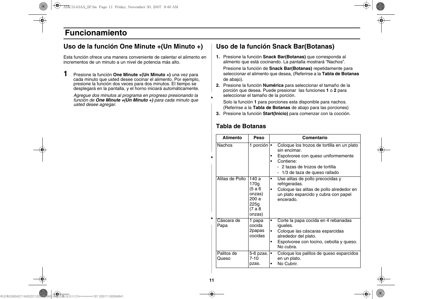 Funcionamiento, Uso de la función one minute +(un minuto +), Uso de la función snack bar(botanas) | Amana AMC5143BCW User Manual | Page 81 / 104