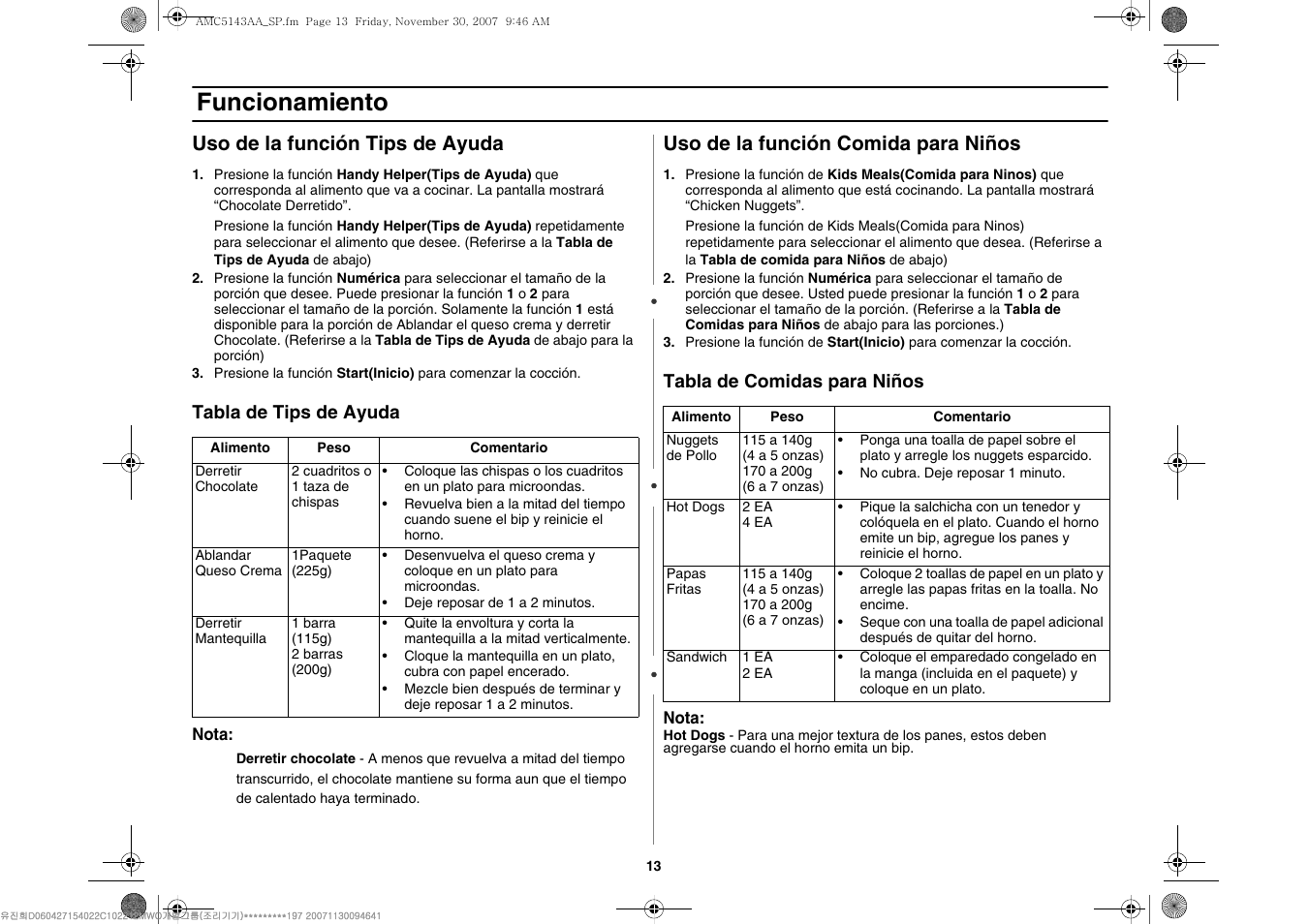 Funcionamiento, Uso de la función tips de ayuda, Uso de la función comida para niños | Amana AMC5143BCW User Manual | Page 83 / 104