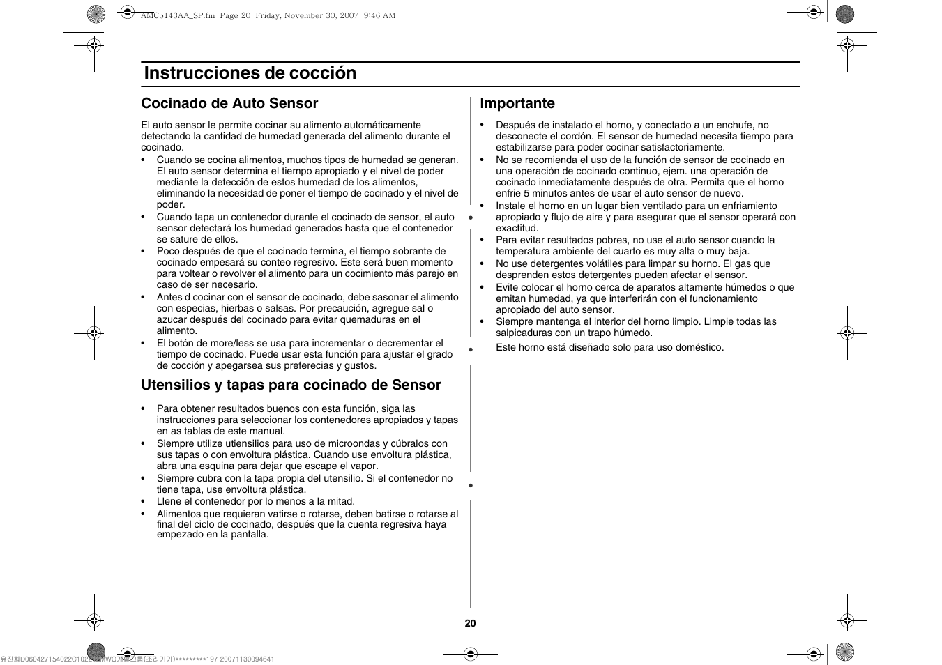 Instrucciones de cocción, Cocinado de auto sensor, Utensilios y tapas para cocinado de sensor | Importante | Amana AMC5143BCW User Manual | Page 90 / 104