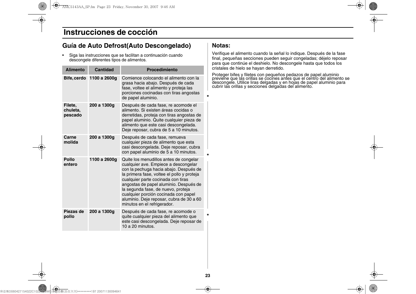 Instrucciones de cocción, Guía de auto defrost(auto descongelado) | Amana AMC5143BCW User Manual | Page 93 / 104