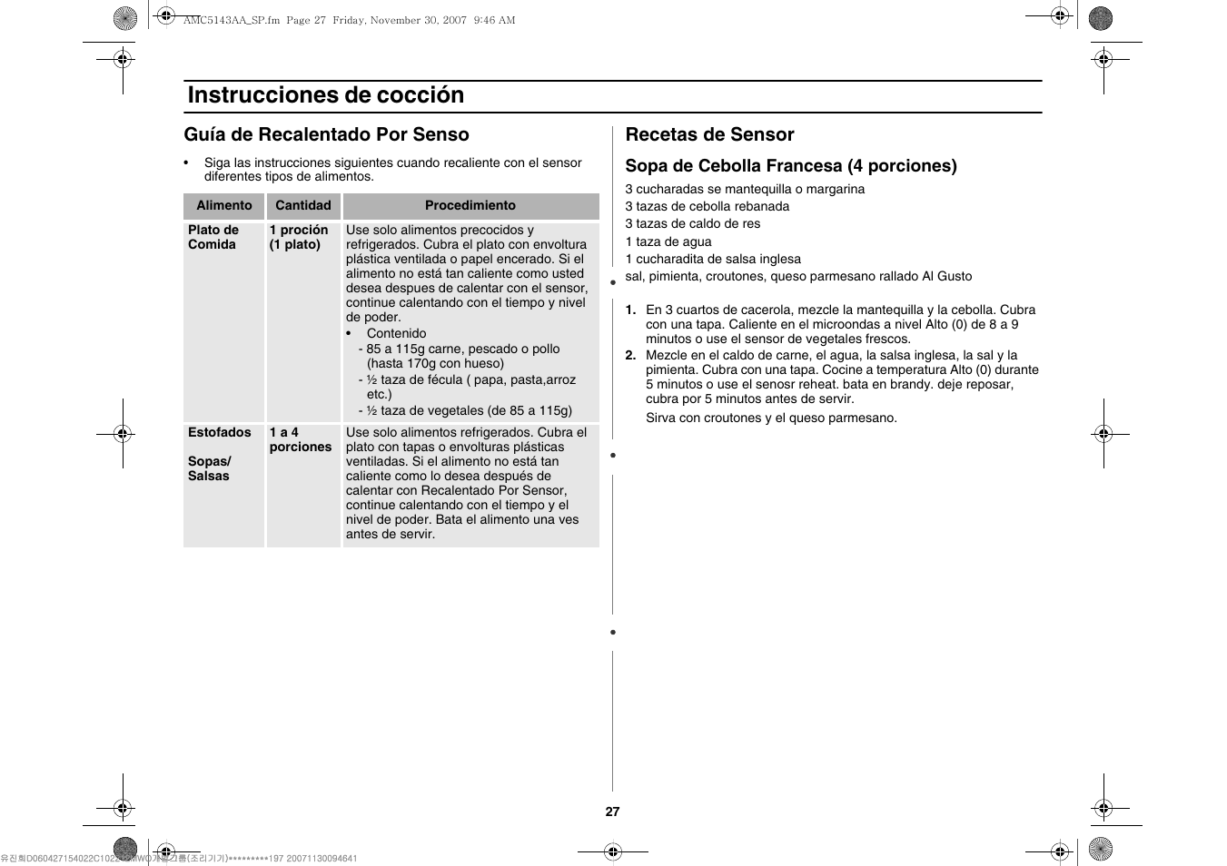 Instrucciones de cocción, Guía de recalentado por senso, Recetas de sensor | Amana AMC5143BCW User Manual | Page 97 / 104