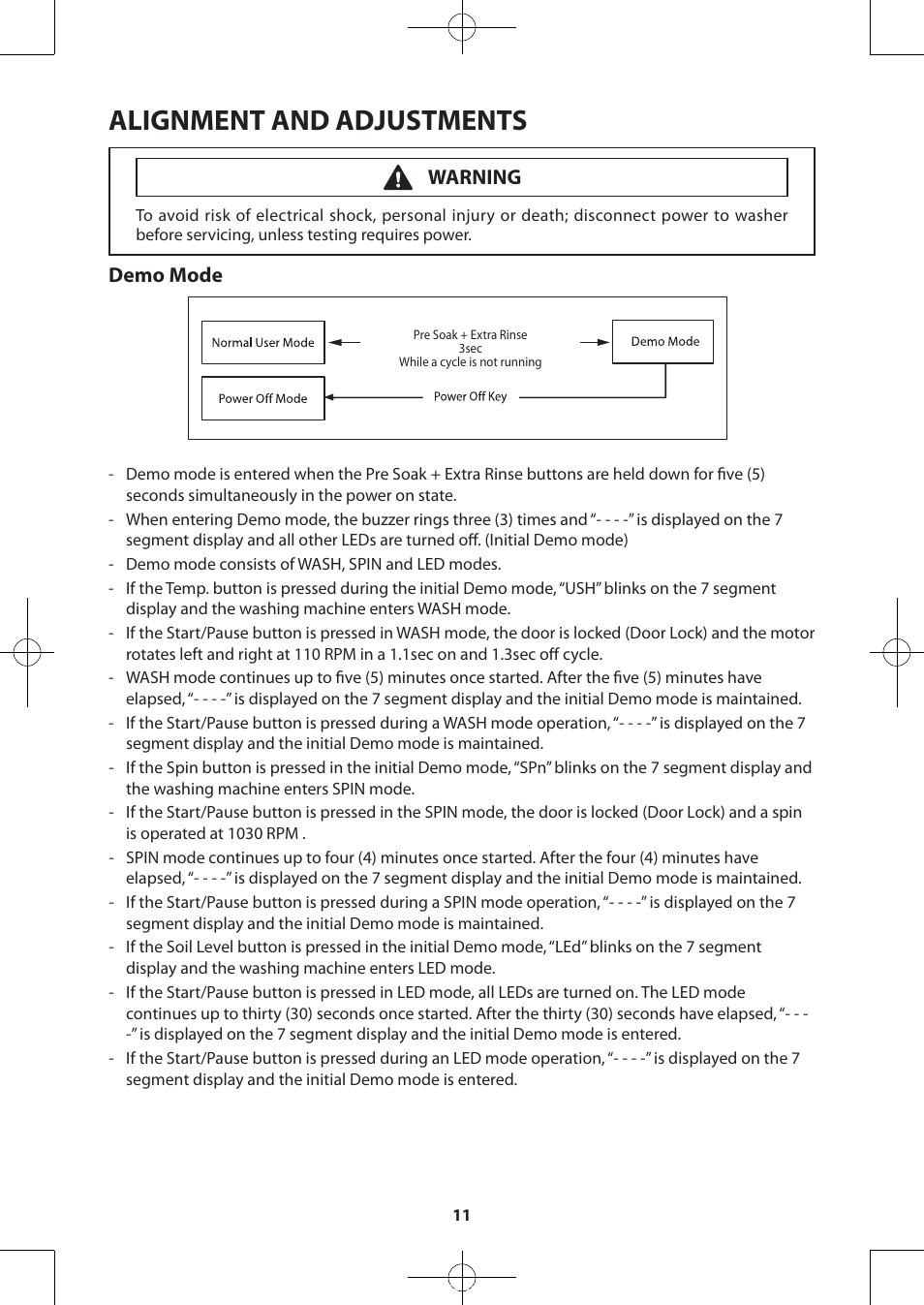 Alignment and adjustments, Demo mode, Warning | Samsung WA50F9A7DSP-A2 User Manual | Page 11 / 60