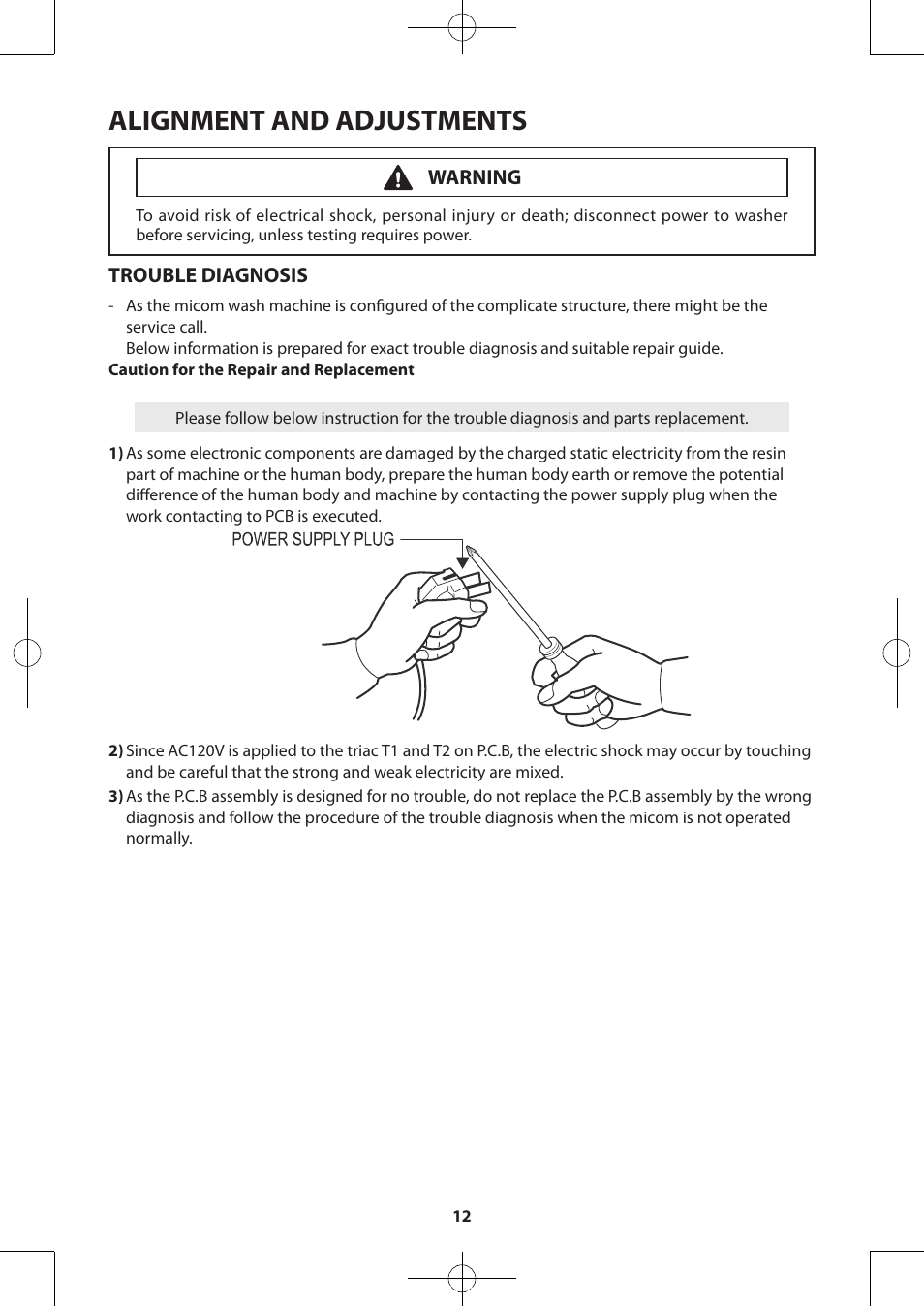 Alignment and adjustments, Trouble diagnosis, Warning | Samsung WA50F9A7DSP-A2 User Manual | Page 12 / 60