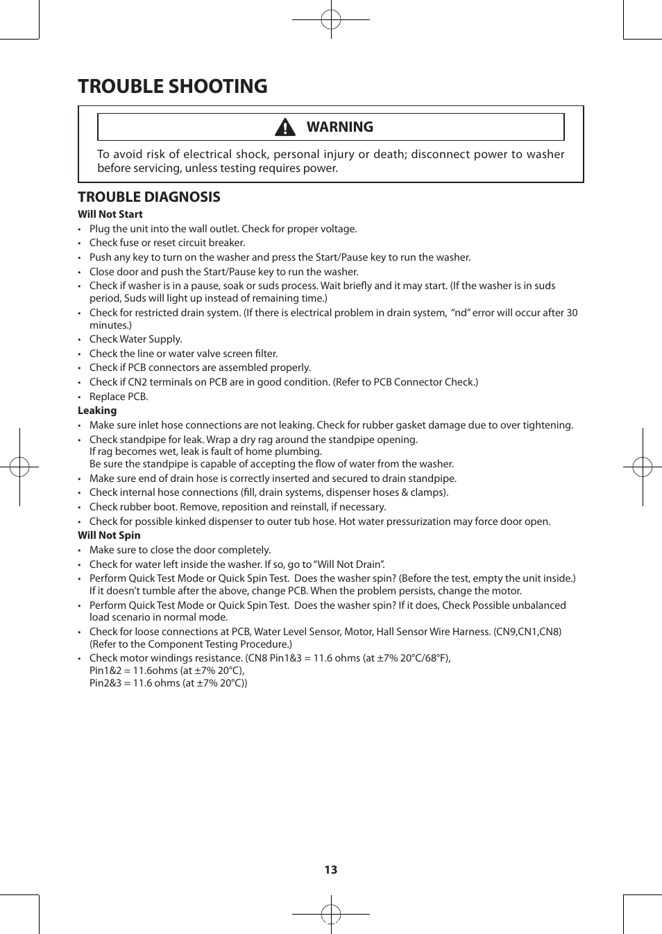 Trouble shooting, Trouble diagnosis, Warning | Samsung WA50F9A7DSP-A2 User Manual | Page 13 / 60