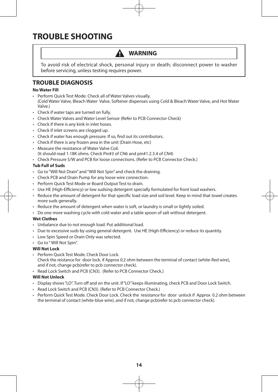 Trouble shooting, Trouble diagnosis, Warning | Samsung WA50F9A7DSP-A2 User Manual | Page 14 / 60