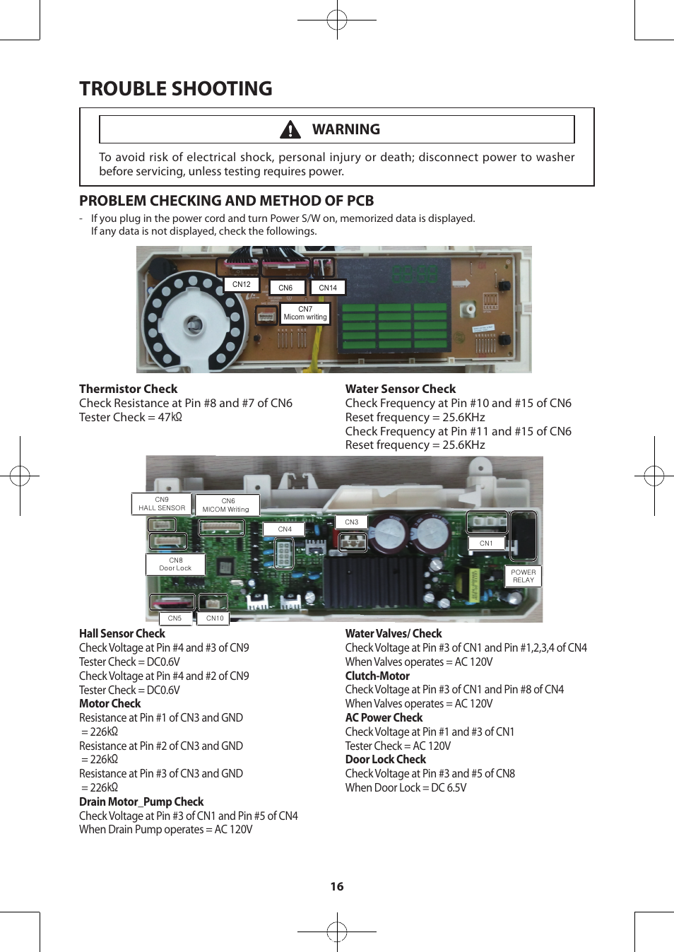 Trouble shooting, Problem checking and method of pcb, Warning | Samsung WA50F9A7DSP-A2 User Manual | Page 16 / 60