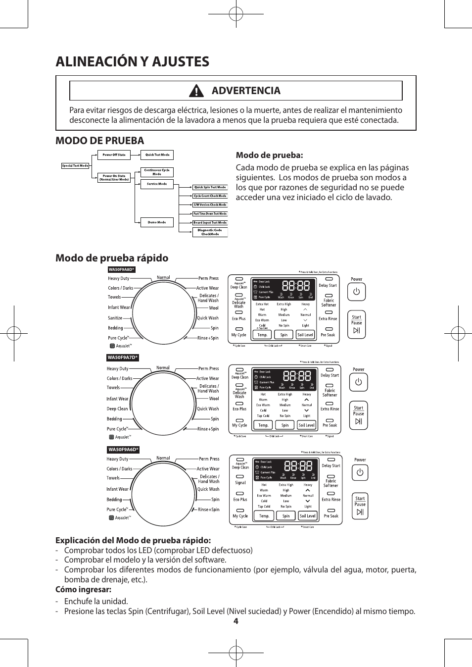 Alineación y ajustes, Modo de prueba, Modo de prueba rápido | Advertencia | Samsung WA50F9A7DSP-A2 User Manual | Page 24 / 60