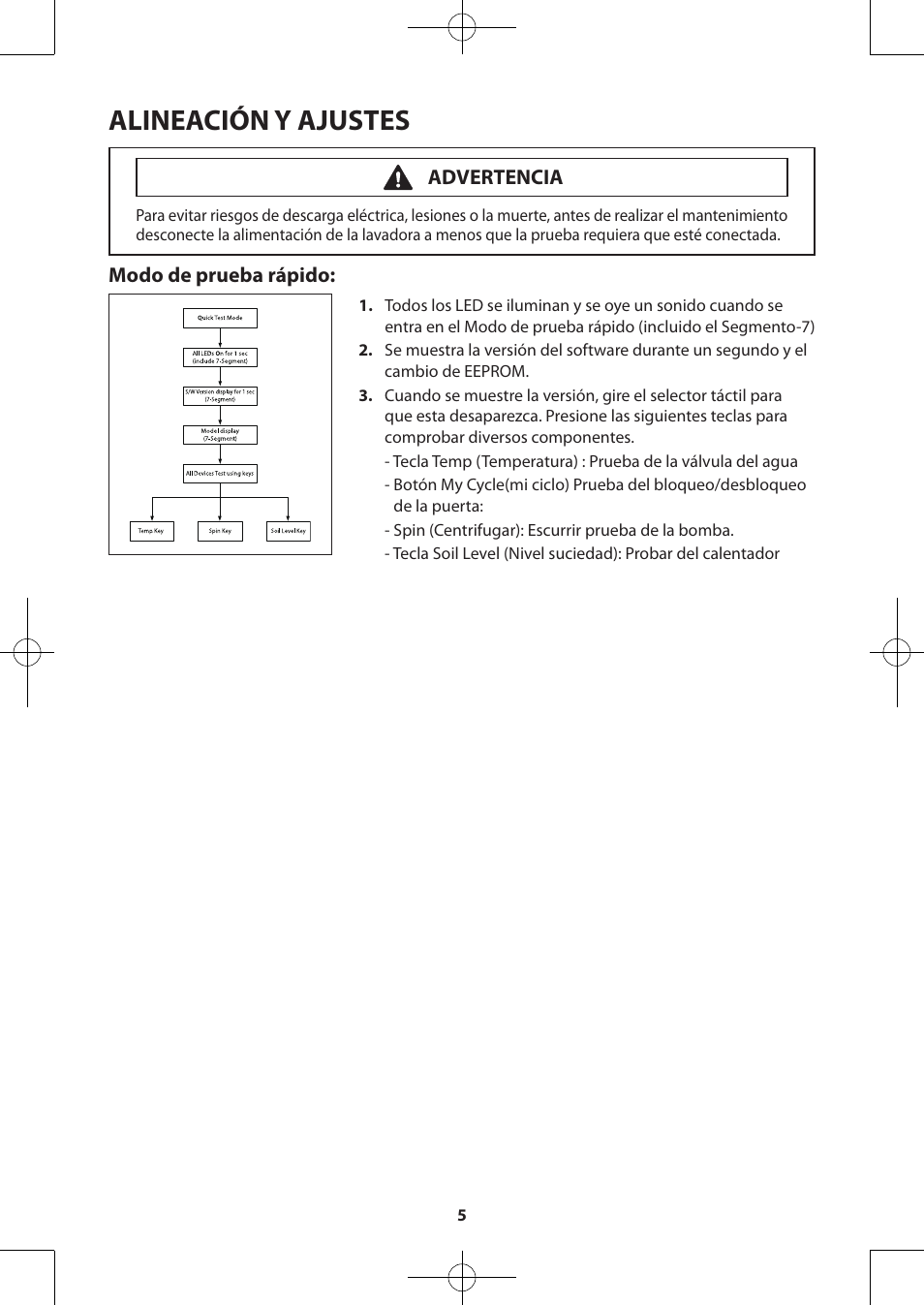 Alineación y ajustes, Modo de prueba rápido, Advertencia | Samsung WA50F9A7DSP-A2 User Manual | Page 25 / 60