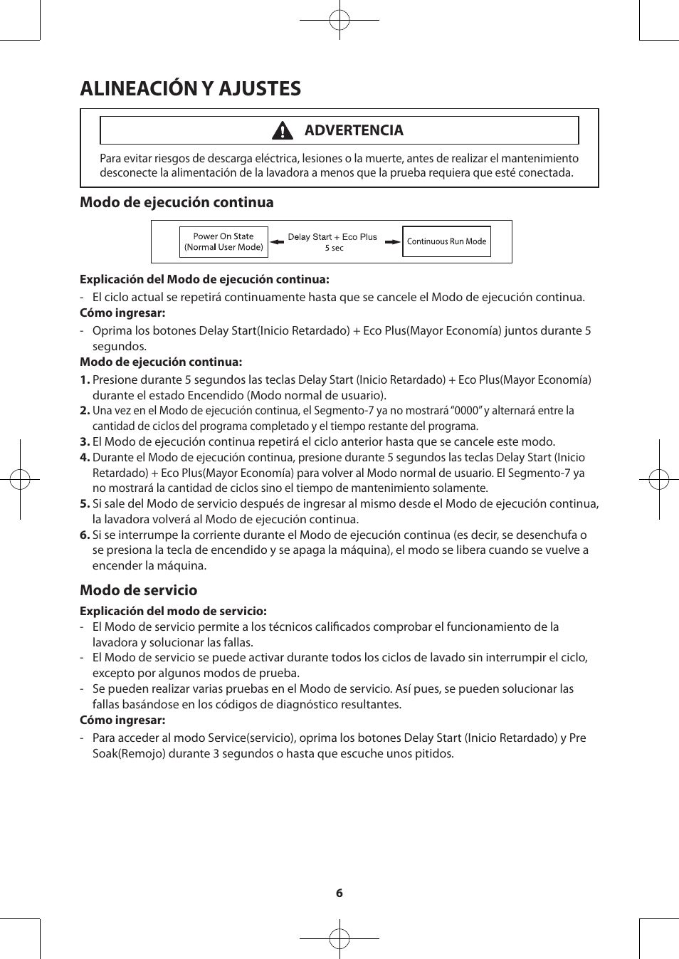 Alineación y ajustes, Modo de ejecución continua, Modo de servicio | Advertencia | Samsung WA50F9A7DSP-A2 User Manual | Page 26 / 60