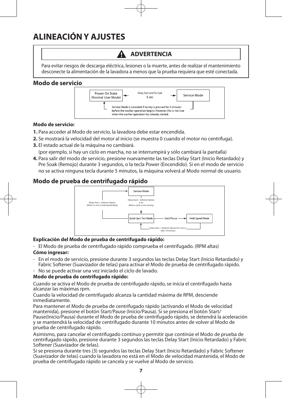 Alineación y ajustes, Modo de servicio, Modo de prueba de centrifugado rápido | Advertencia | Samsung WA50F9A7DSP-A2 User Manual | Page 27 / 60