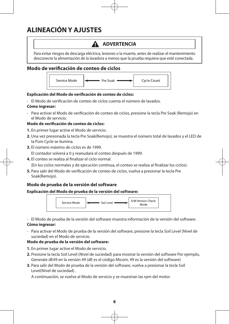 Alineación y ajustes, Modo de verificación de conteo de ciclos, Advertencia | Samsung WA50F9A7DSP-A2 User Manual | Page 28 / 60