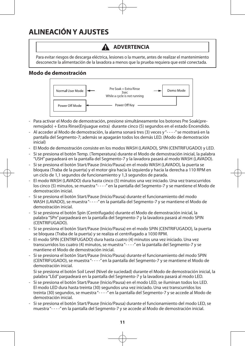 Alineación y ajustes, Modo de demostración, Advertencia | Samsung WA50F9A7DSP-A2 User Manual | Page 31 / 60