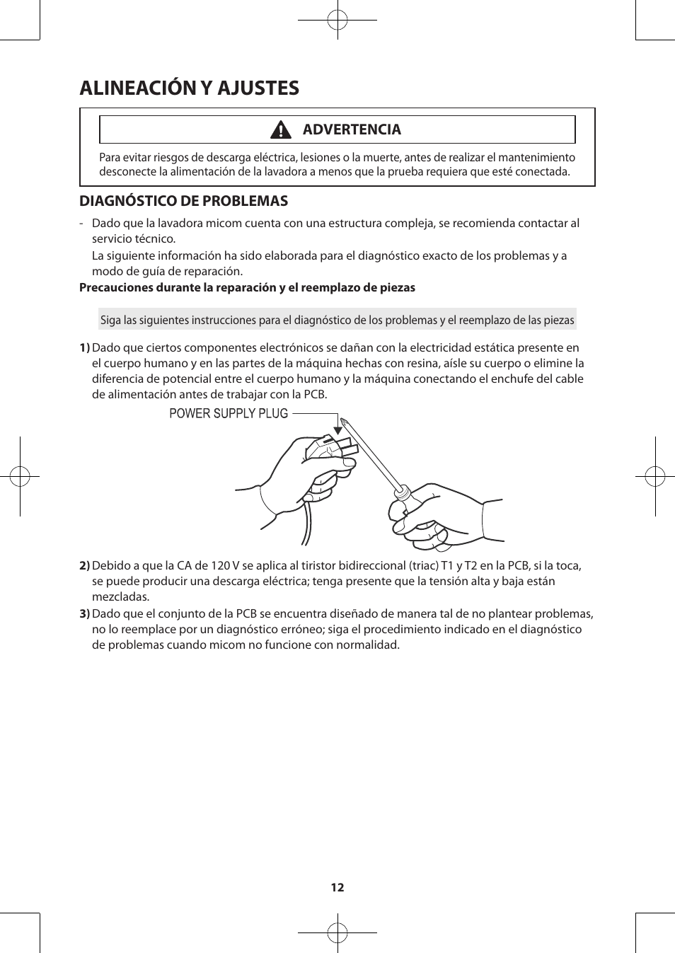 Alineación y ajustes, Diagnóstico de problemas, Advertencia | Samsung WA50F9A7DSP-A2 User Manual | Page 32 / 60