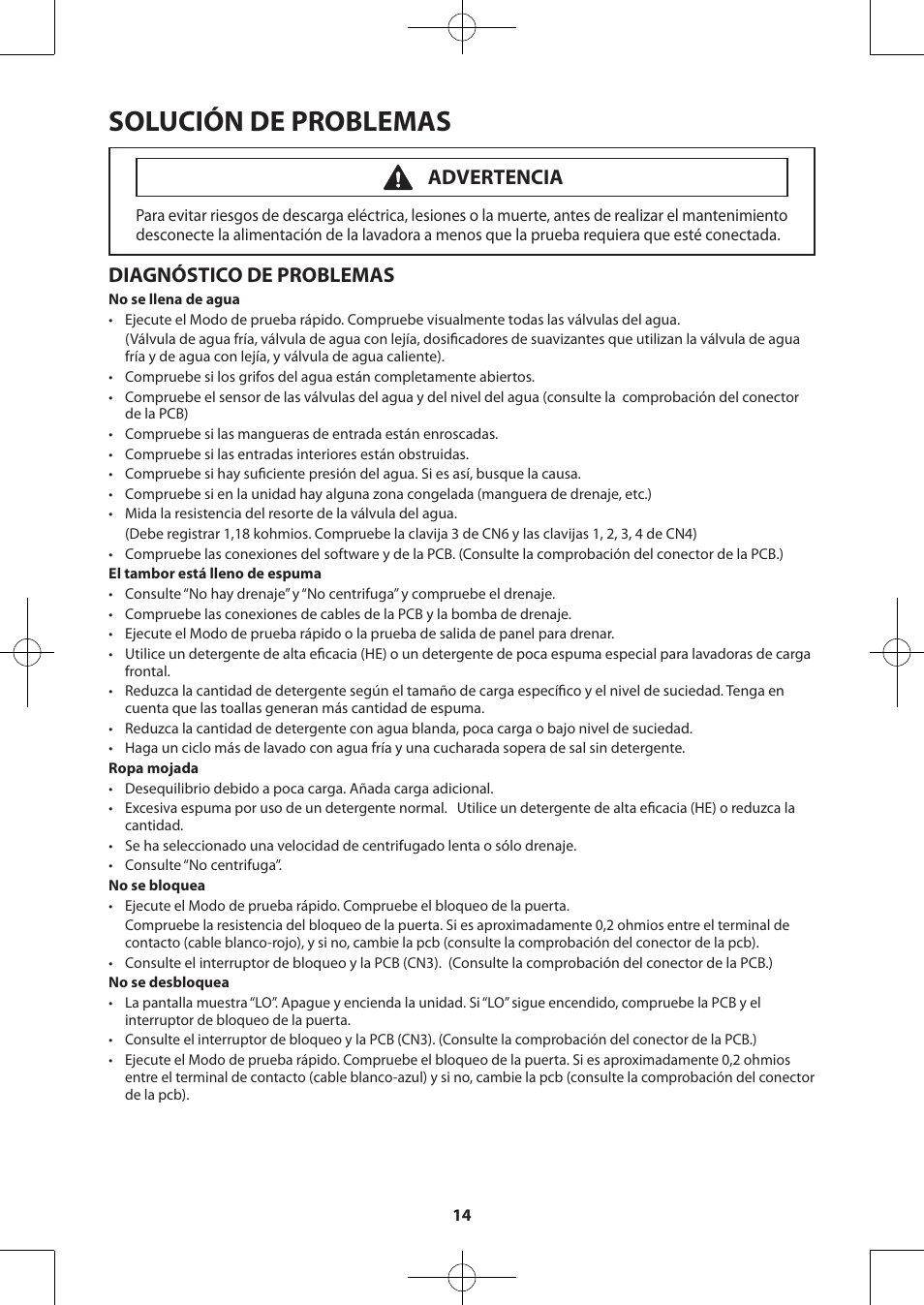 Solución de problemas, Diagnóstico de problemas, Advertencia | Samsung WA50F9A7DSP-A2 User Manual | Page 34 / 60