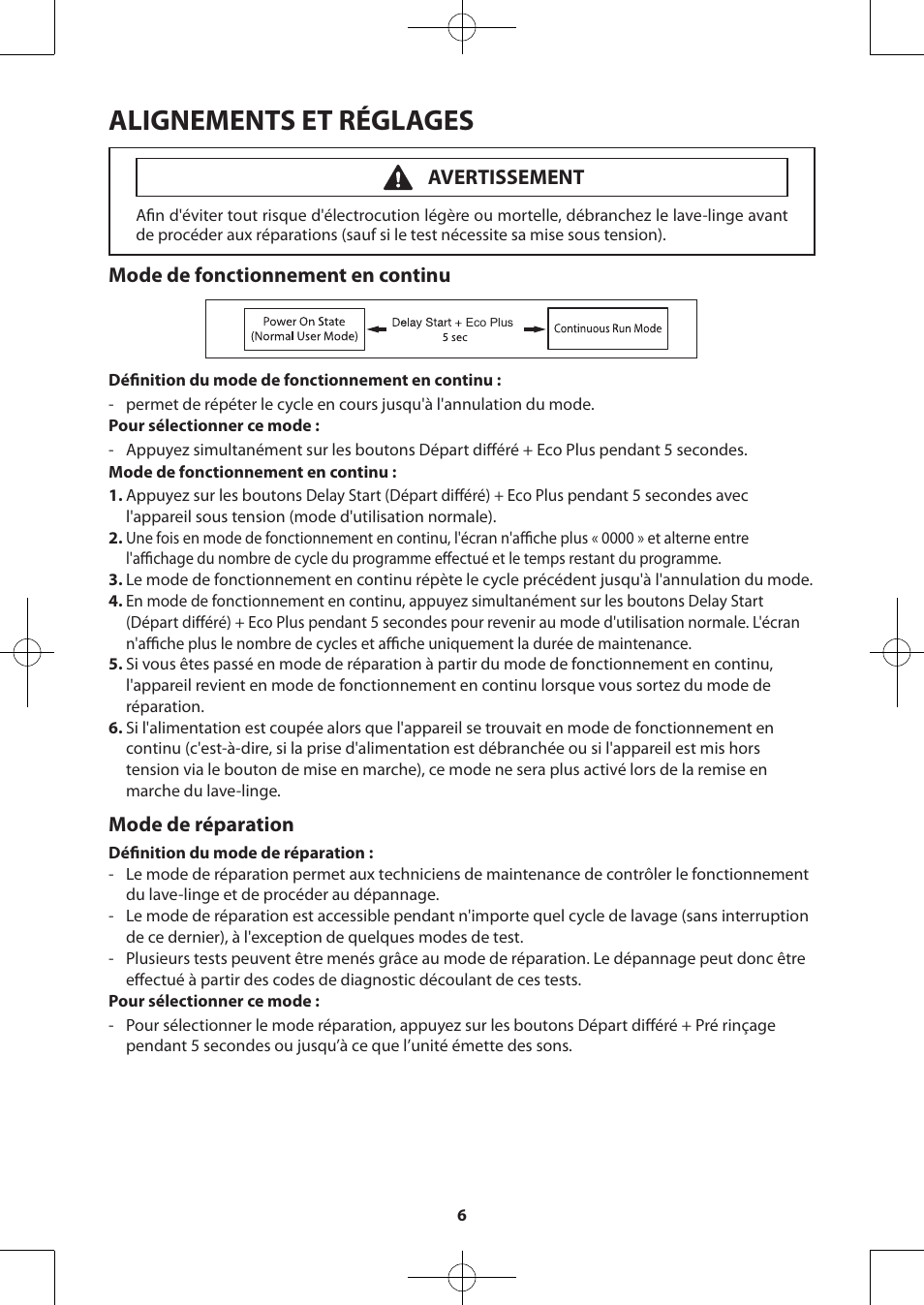 Alignements et réglages, Mode de fonctionnement en continu, Mode de réparation | Avertissement | Samsung WA50F9A7DSP-A2 User Manual | Page 46 / 60