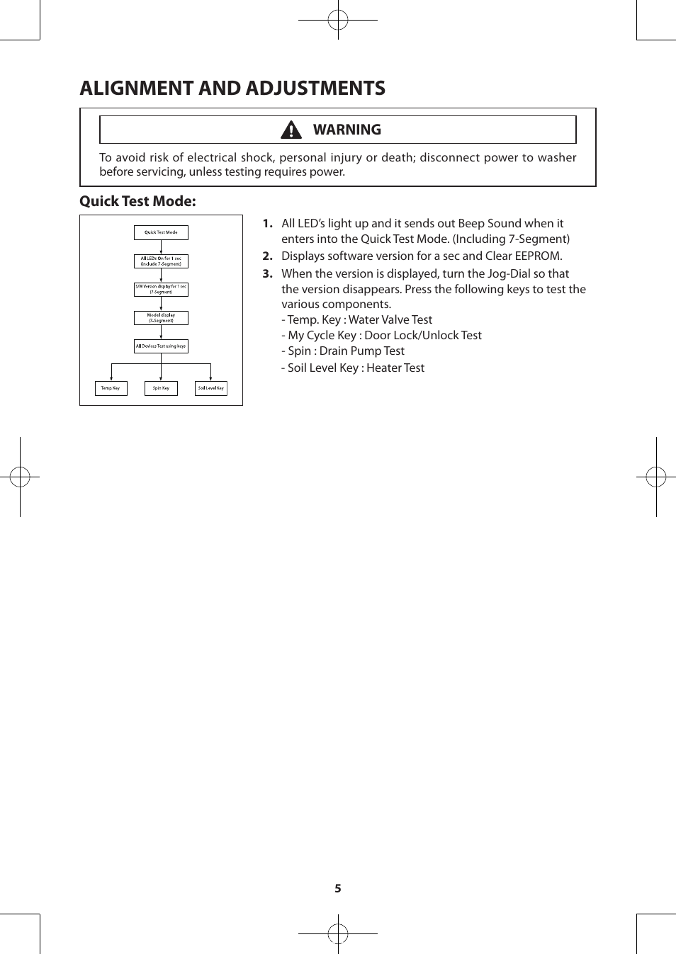 Alignment and adjustments, Quick test mode, Warning | Samsung WA50F9A7DSP-A2 User Manual | Page 5 / 60