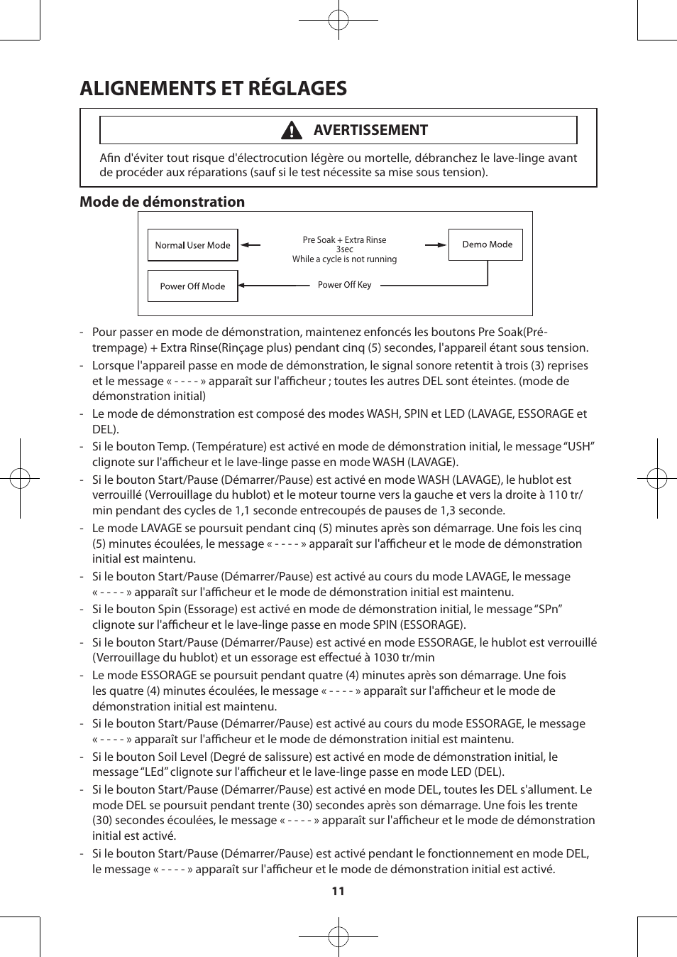 Alignements et réglages, Mode de démonstration, Avertissement | Samsung WA50F9A7DSP-A2 User Manual | Page 51 / 60